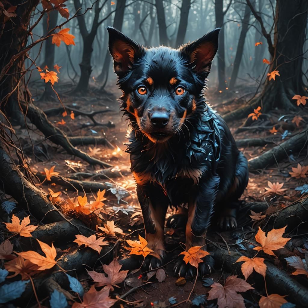 Hellhound Puppy in Mystical Forest: Dark Fantasy Art