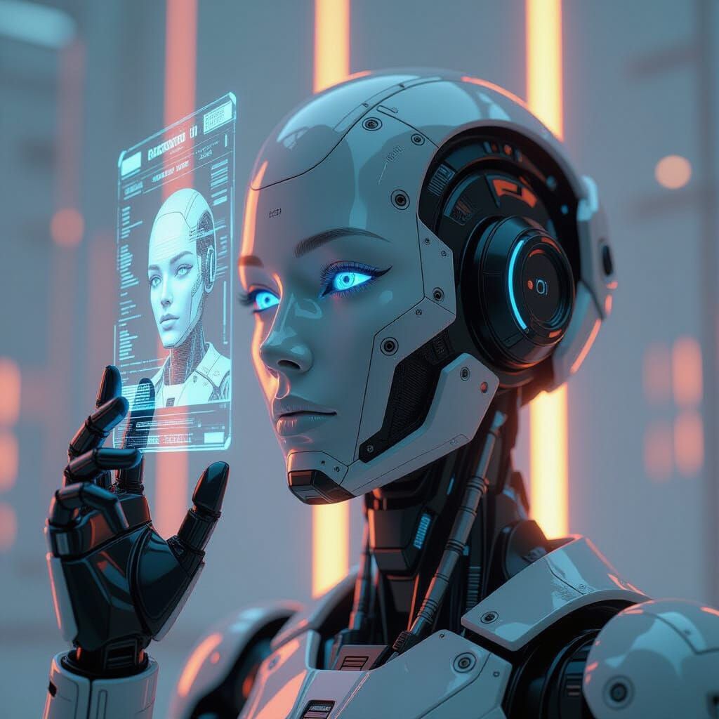 Futuristic Device Projects Robot Hologram with Hacker Face