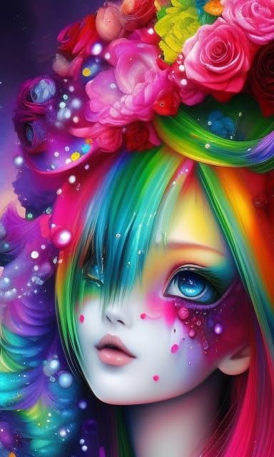 Rainbow Anime Girl with Dripping Paint