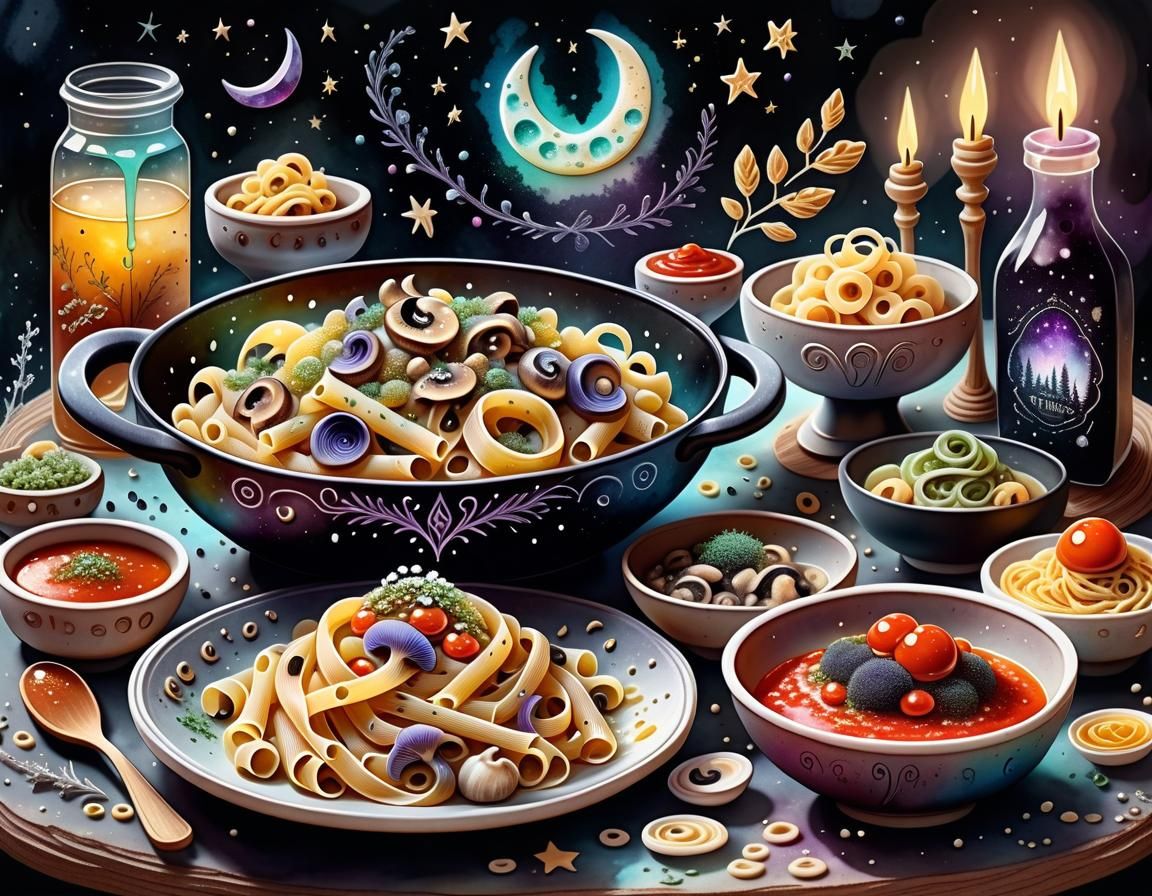 Pasta Dishes: Watercolor Illustrations with Pagan Home Eleme...