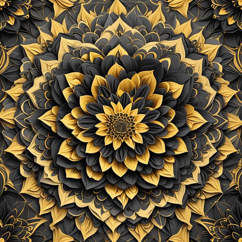 Black and Yellow Origami Flower Mandala
