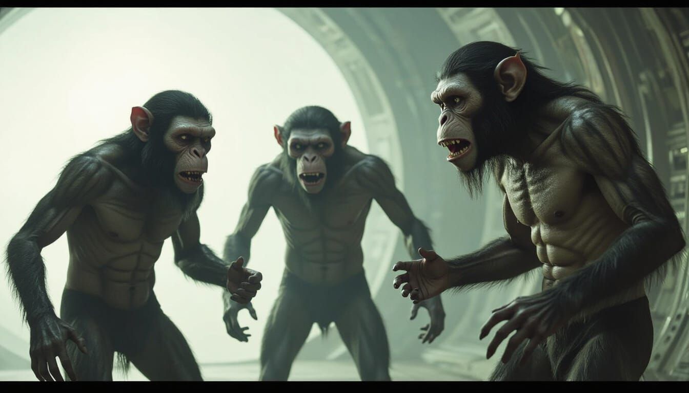 Men Transforming into Monkeys: Surreal Cinematic Scene