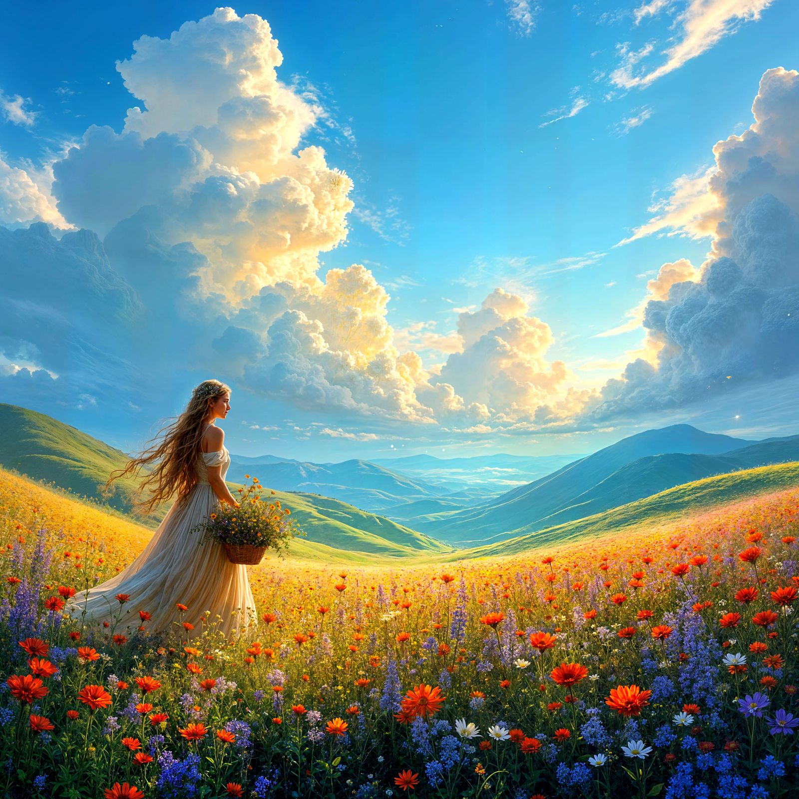 Magical Flower Meadow with Elf in Vibrant Colors