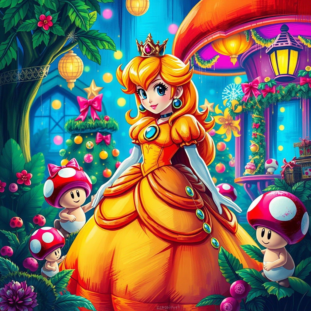 Princess Peach Christmas in Neon Mushroom Kingdom