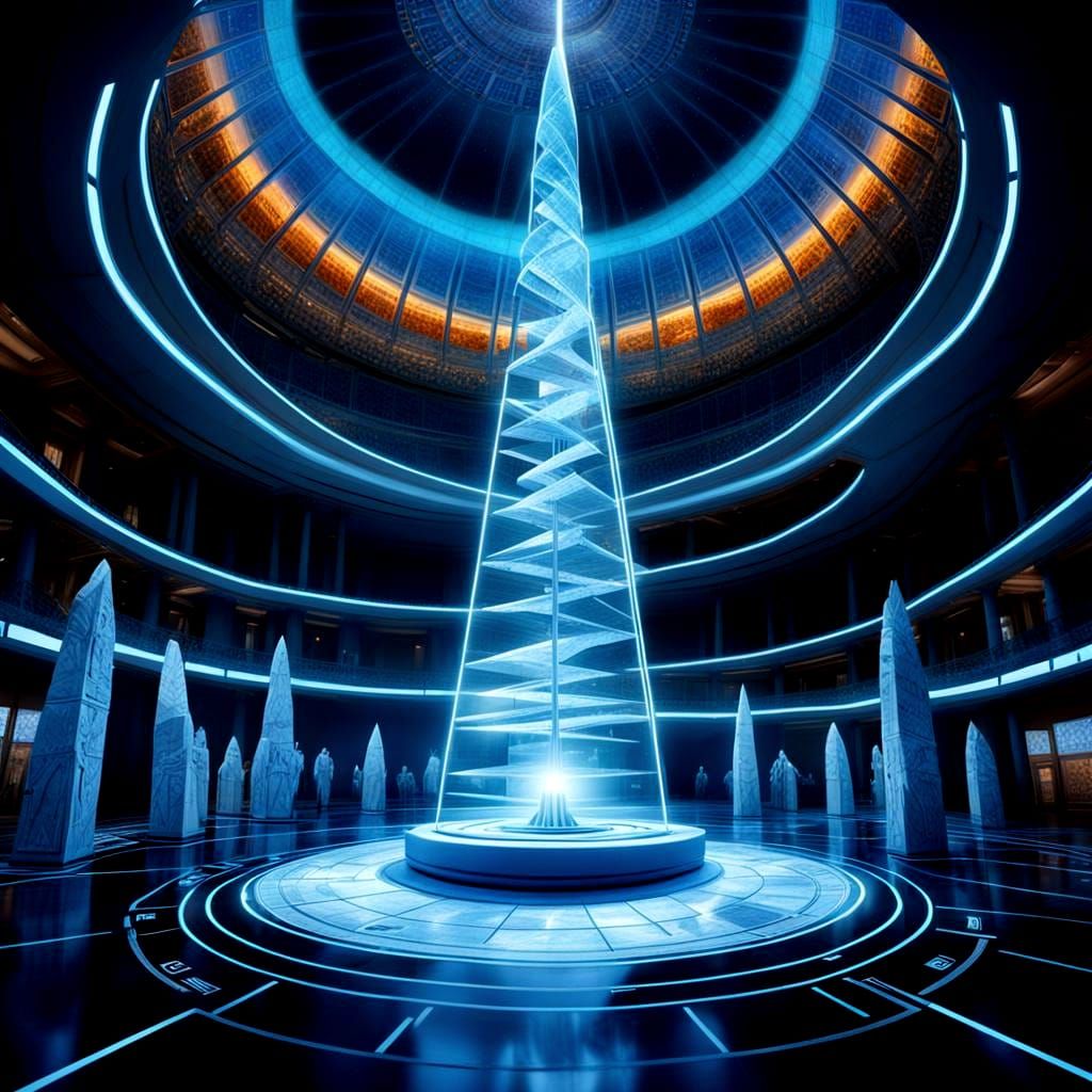 Futuristic Temple Healing Scene with Ion Displays