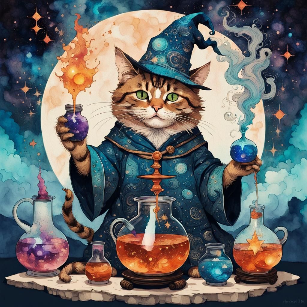 Anthropomorphic Cat Wizard in Alcohol Ink Style