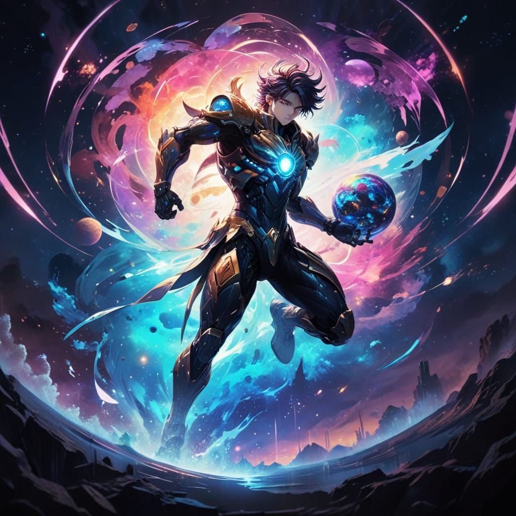 Cosmic Warrior in Vibrant Stained Glass Style