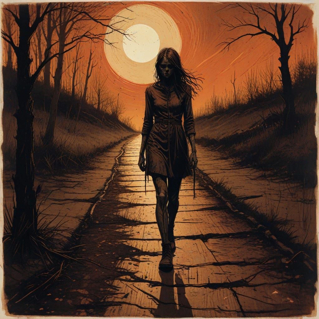 Eerie Ink Line Drawing of Teenage Woman