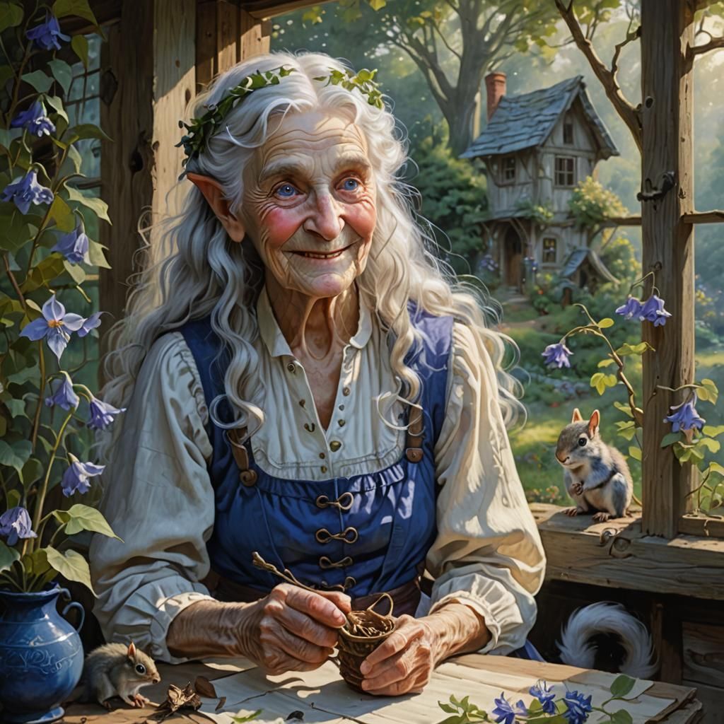 Elf Lady with Squirrel in Misty Forest Portrait