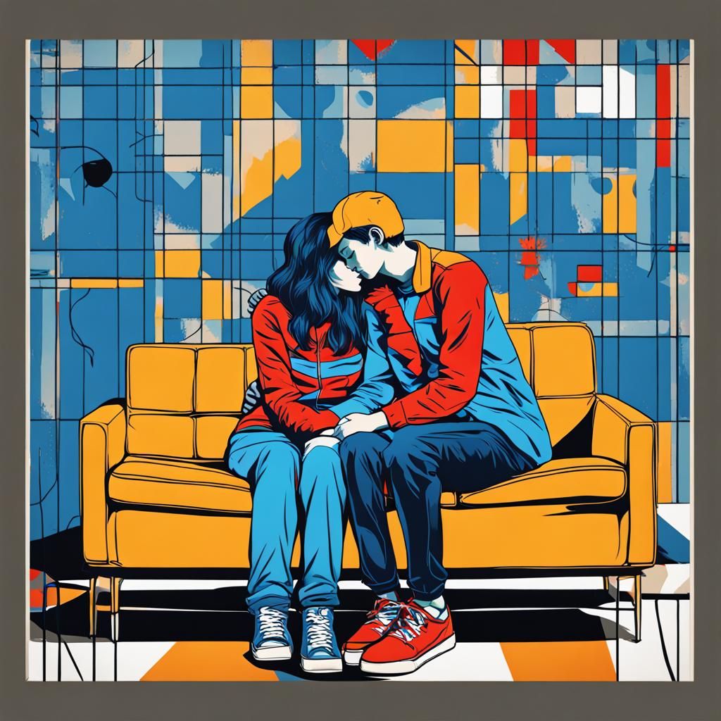 Teenagers' Sad Kiss on Blue Couch: Pop Art Screen Print