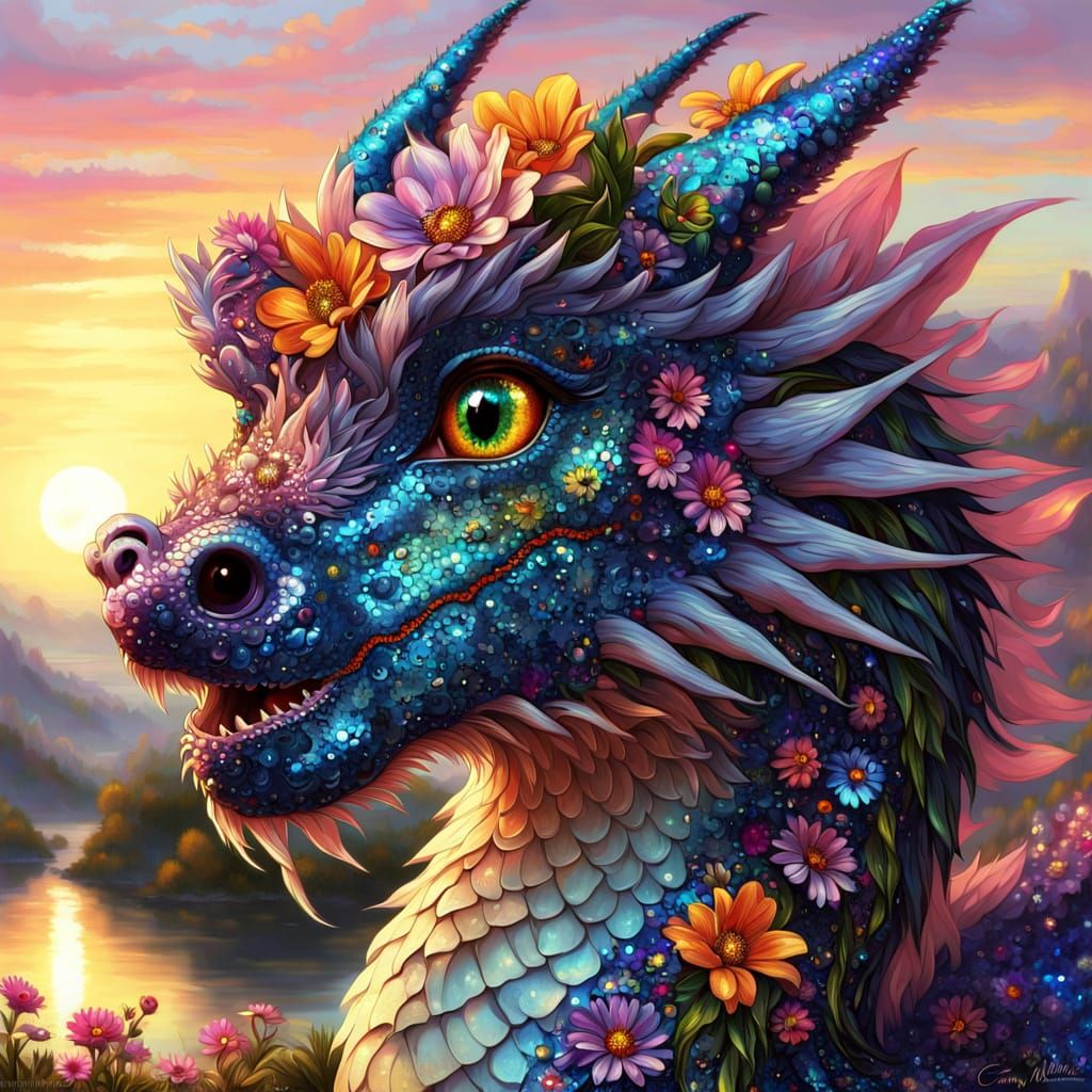Sparkling Sequins Dragon in Vibrant Sunset Landscape