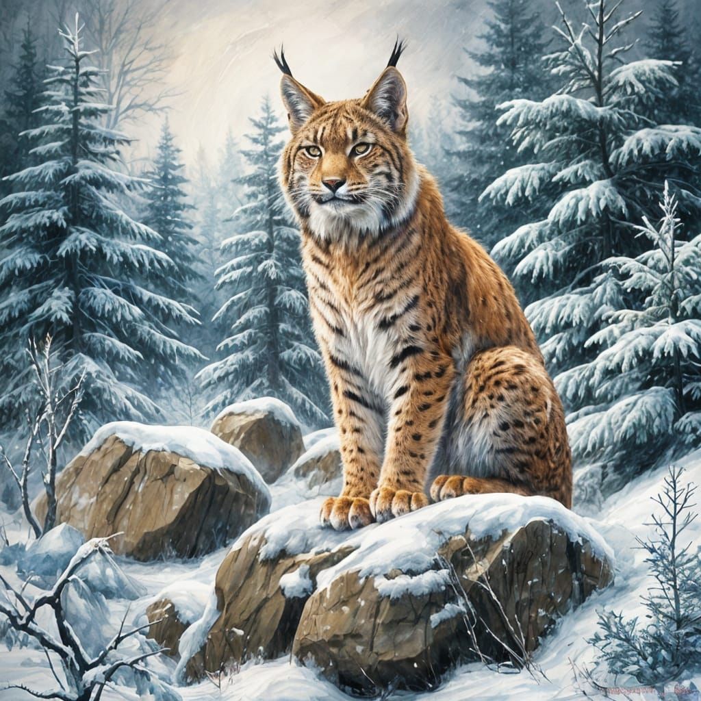 Lynx in Winter Landscape: Oil and Watercolor Style