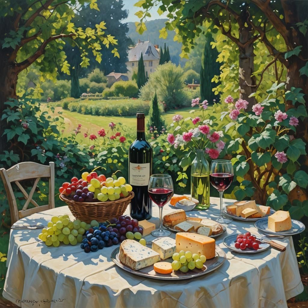 French Cheese and Wine in Summer Garden as Oil Painting