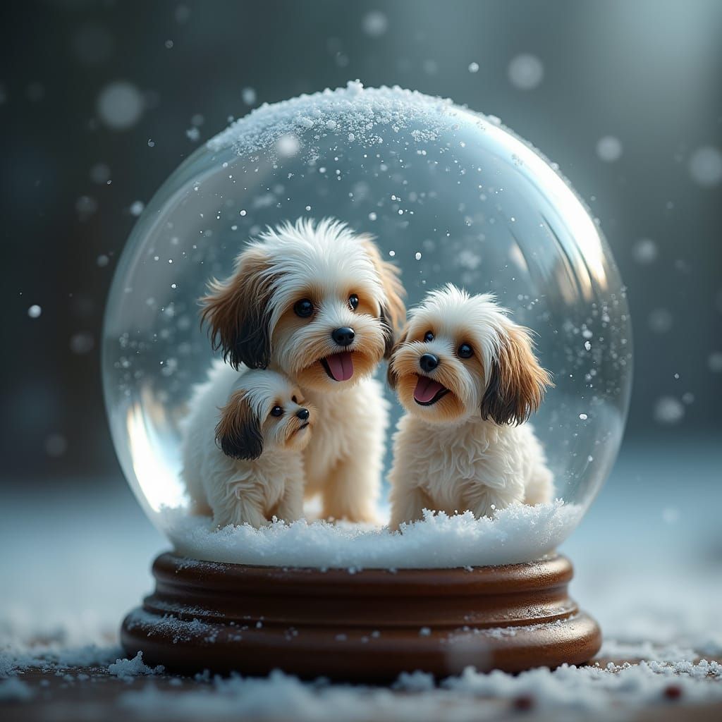 Havanese Dogs Play in Realistic Snow Globe