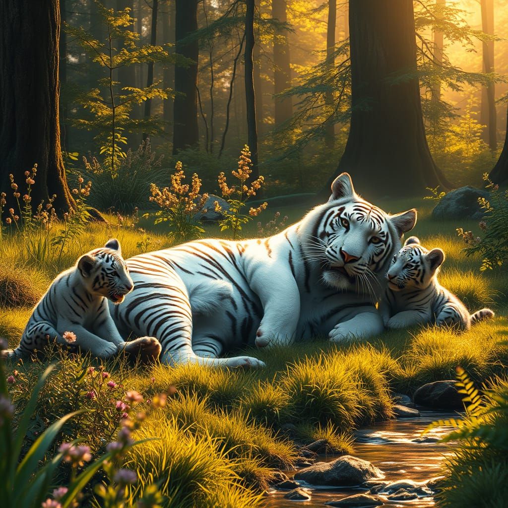 White Tiger Family in Golden Light