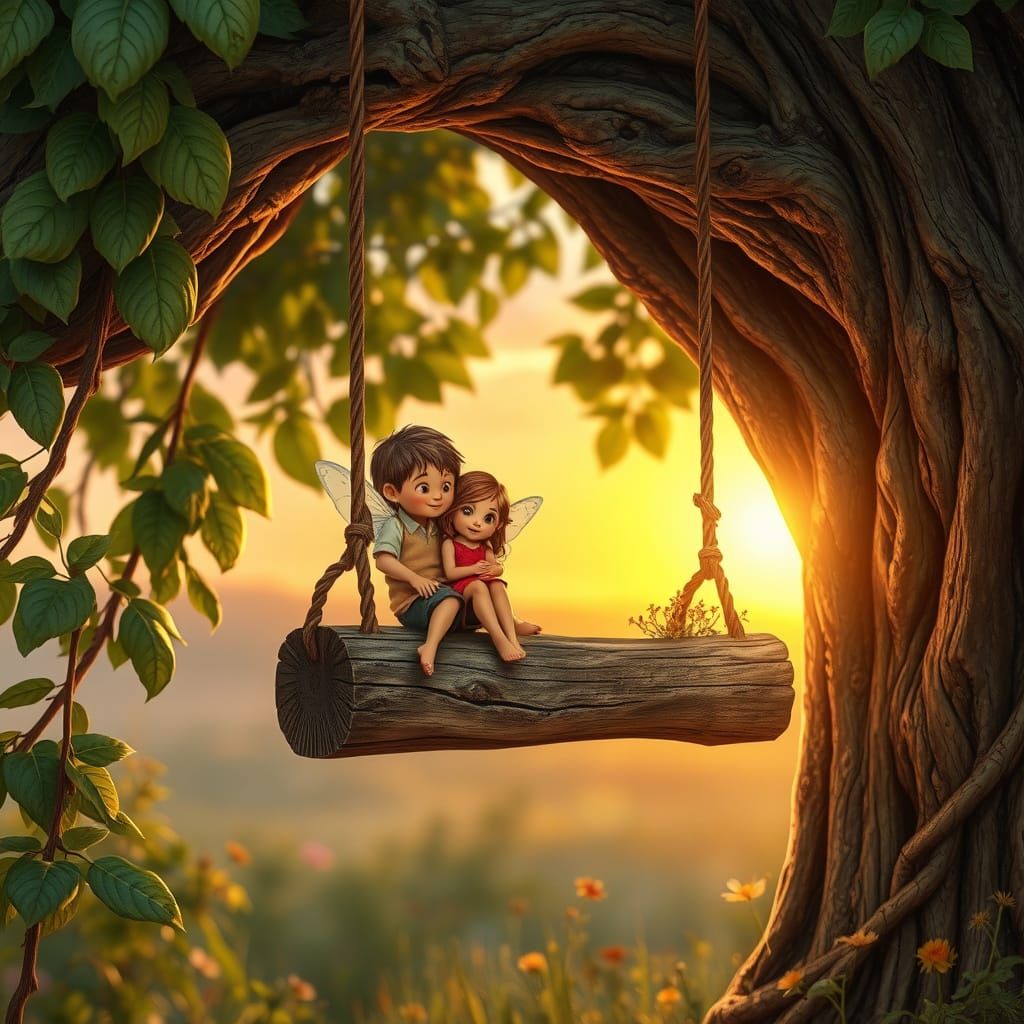 Whimsical Rustic Fairy Swing in Sunset Glow