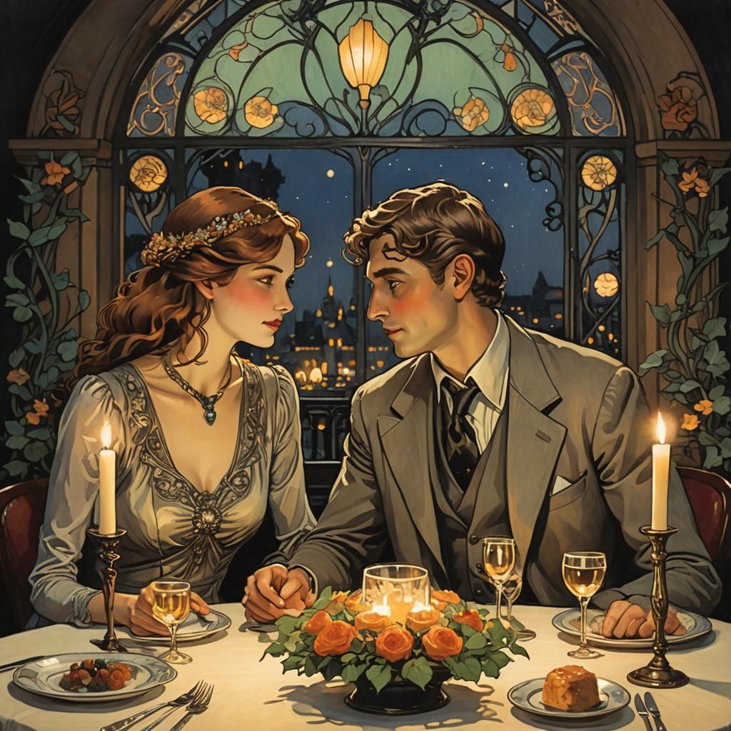 Romantic Couple's Dinner in Art Nouveau Style