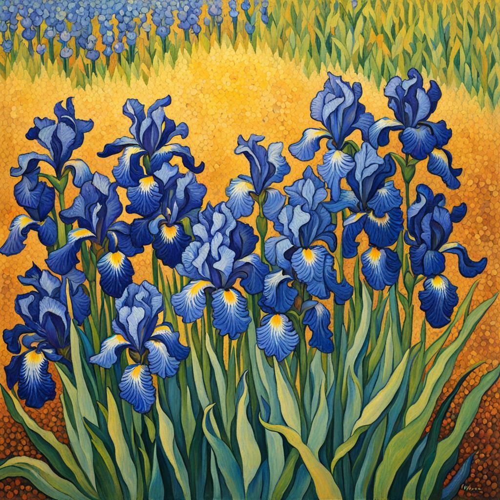 Blue Irises in Impressionist Pointillism Style