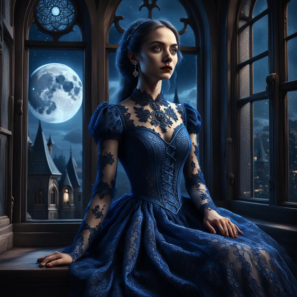 Woman in Blue Lace Dress Gazing at Moon