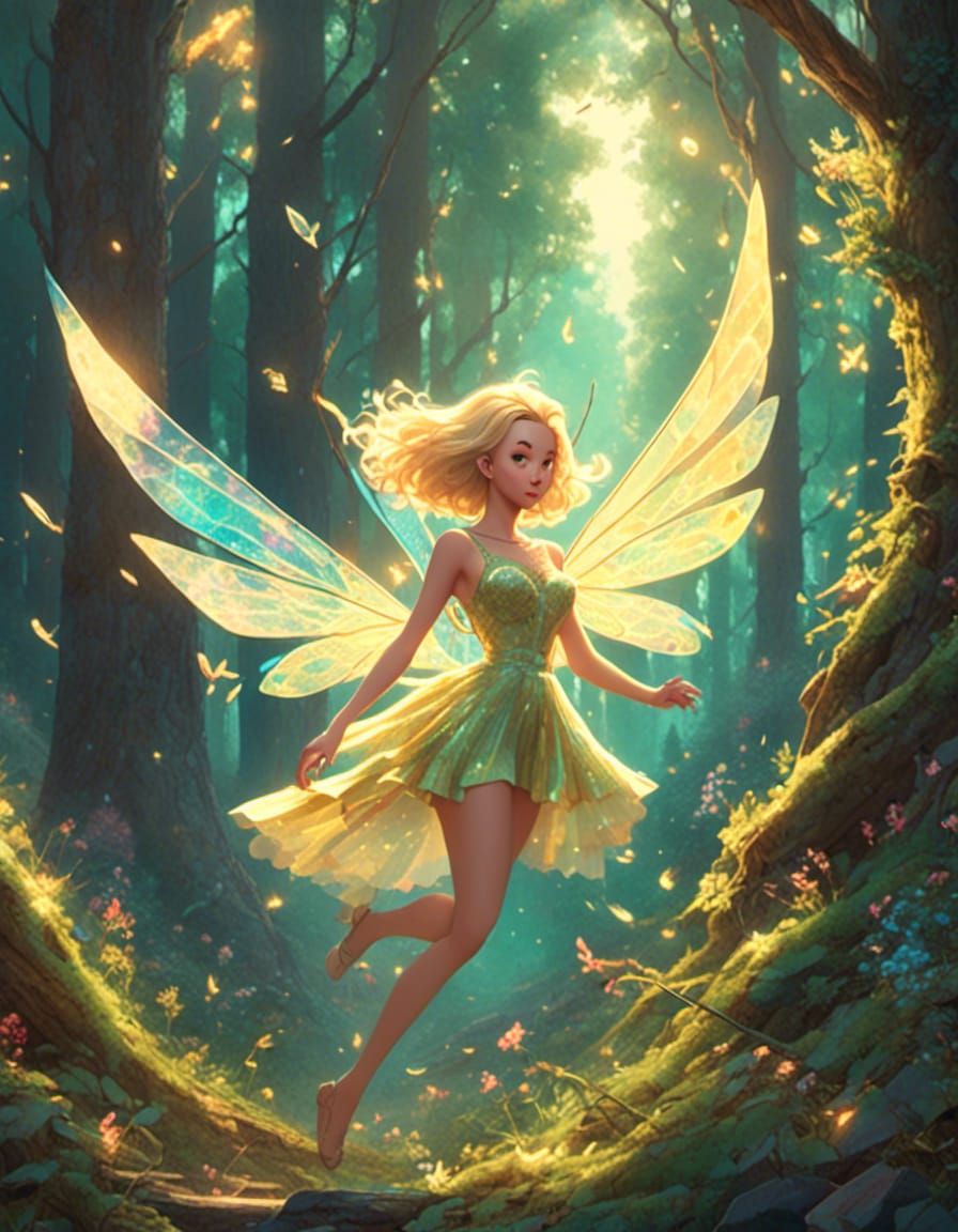 <lora:Trio:1.0><lora:EthierUnreal V1:1.0> Tinkerbell styled sprite flying through a light pine forest, golden hour.