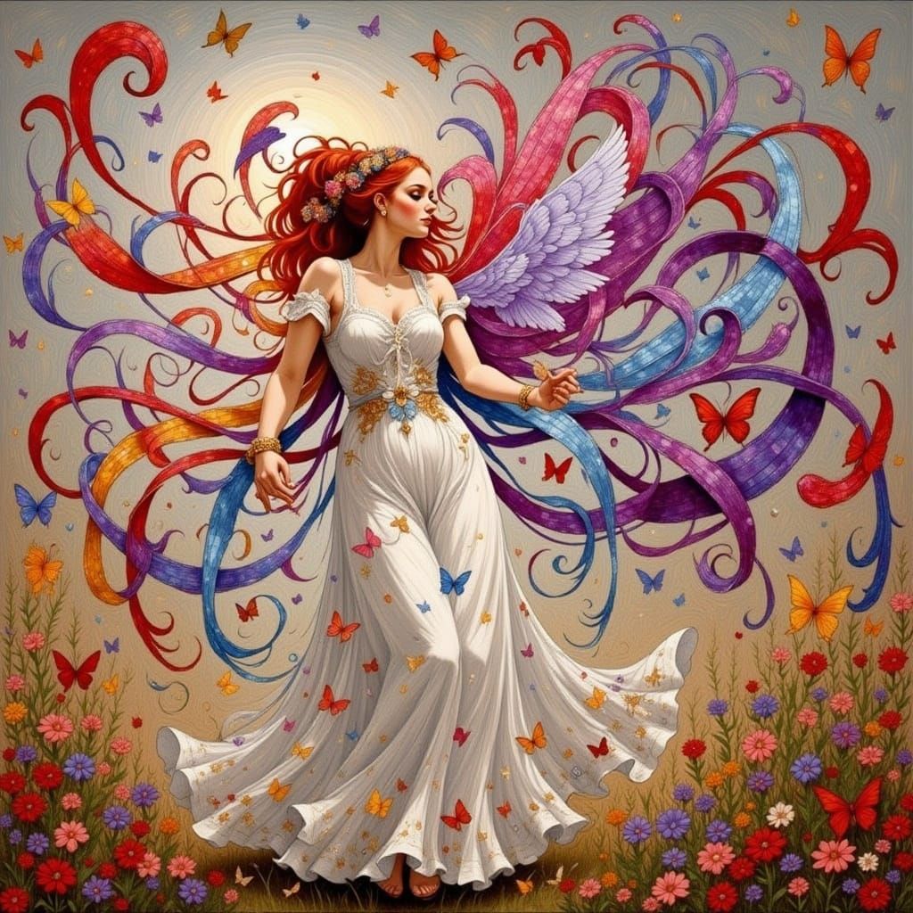 Whimsical Angel with Sparkly Ribbons in a Colorful Gradient