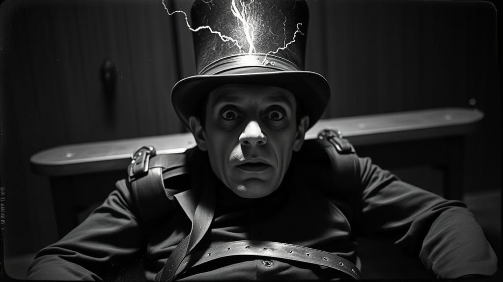 Scratched, high-contrast, monochrome, distorted, tilted perspective photograph of the mad hatter strapped down with visi...