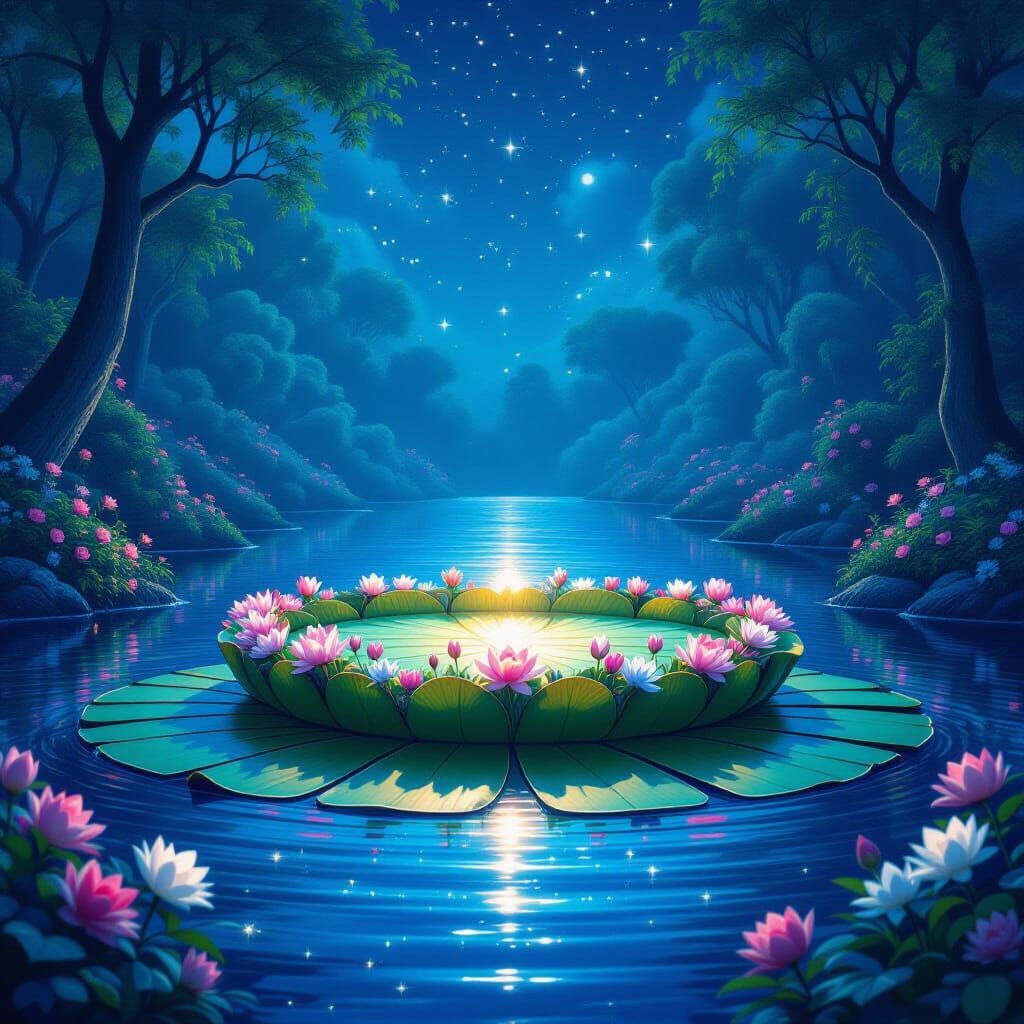 Secret Garden Floating on Lily Pad in Glowing Ocean
