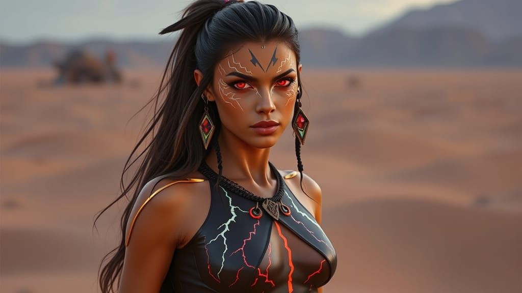 Warrior Princess in Desert with Lightning Bodysuit