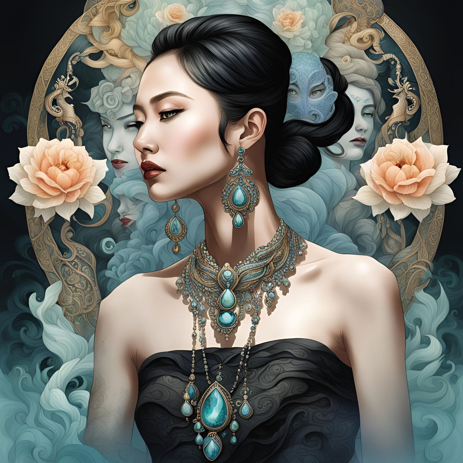 Elegant Asian Woman with Cobra in Watercolor Style