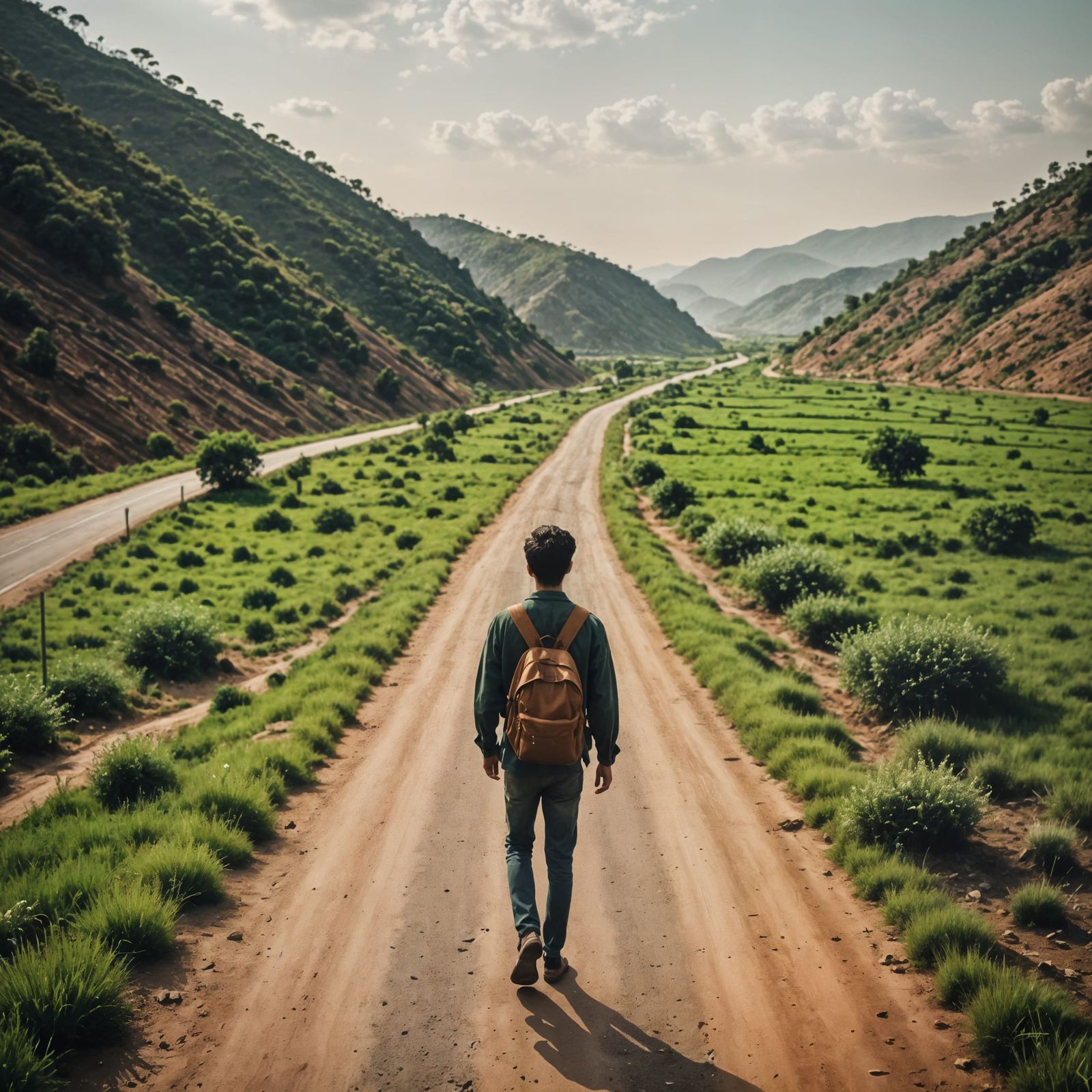 A Road Divides into Two Paths, One Green and One Dry, in War...