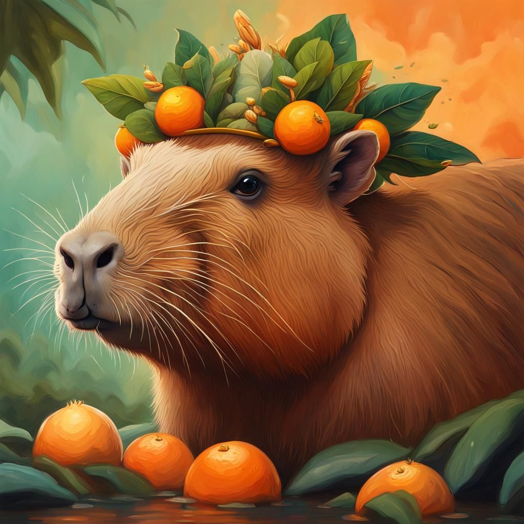 Capybara with Tangerine: An Acrylic Painting