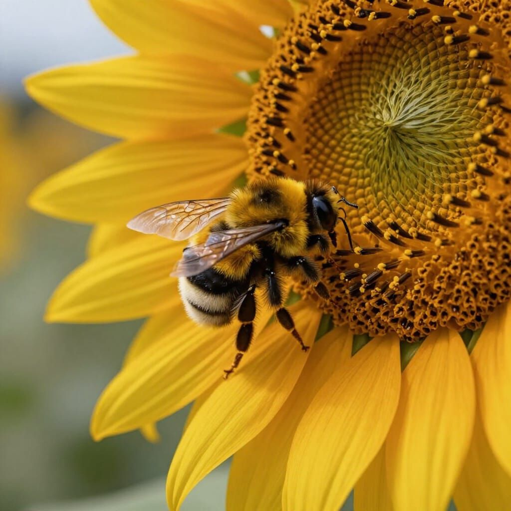 Triumphant Bumblebee Lands on Giant Sunflower