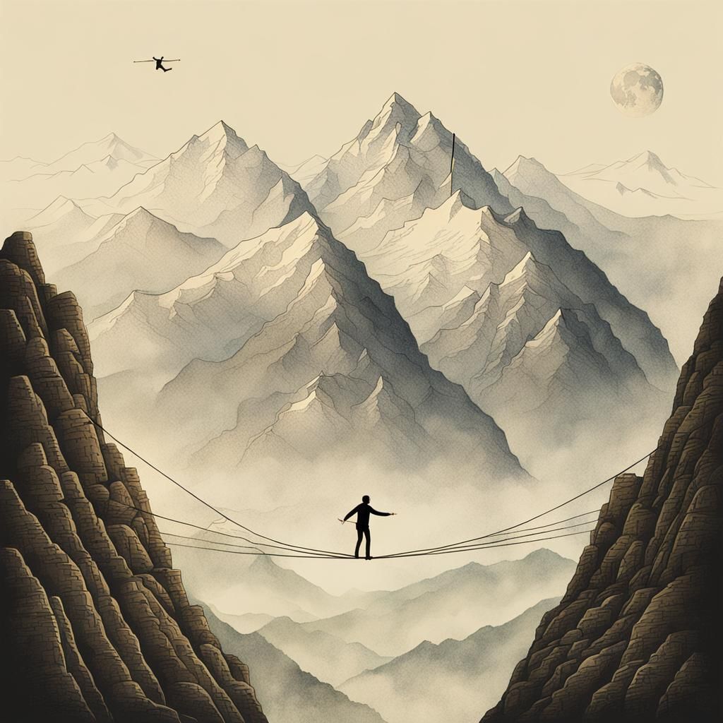 Tightrope walker between two mountains