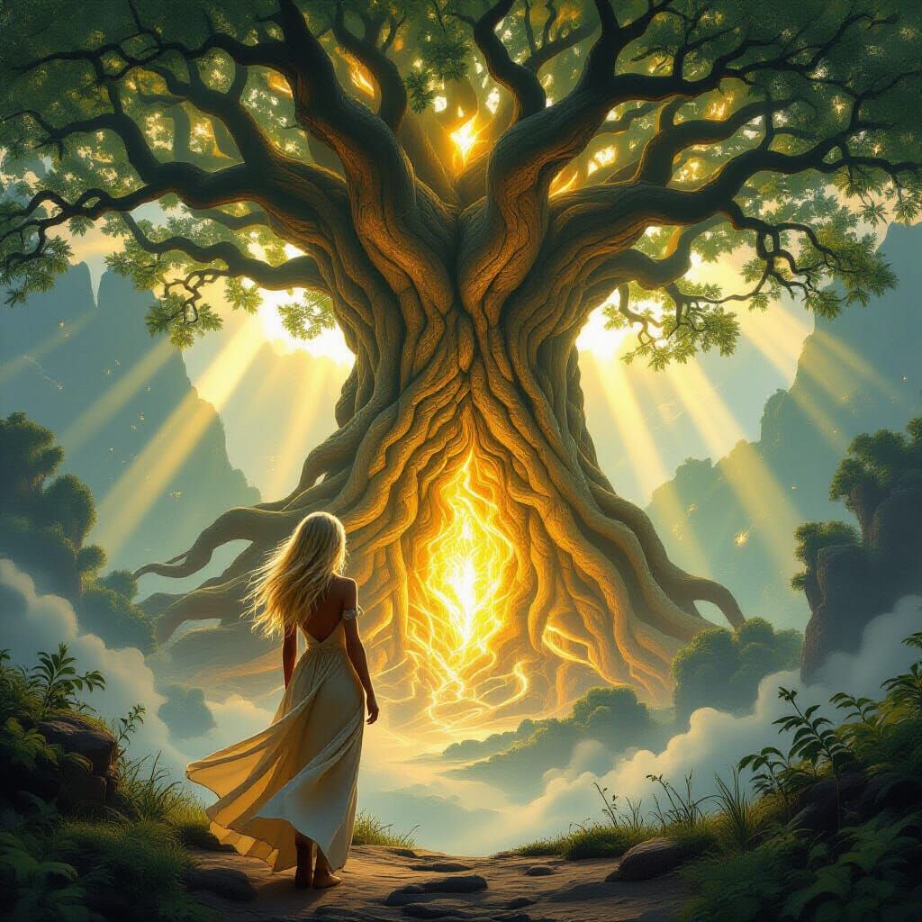 Woman Gazes at Glowing Tree in Ancient Forest