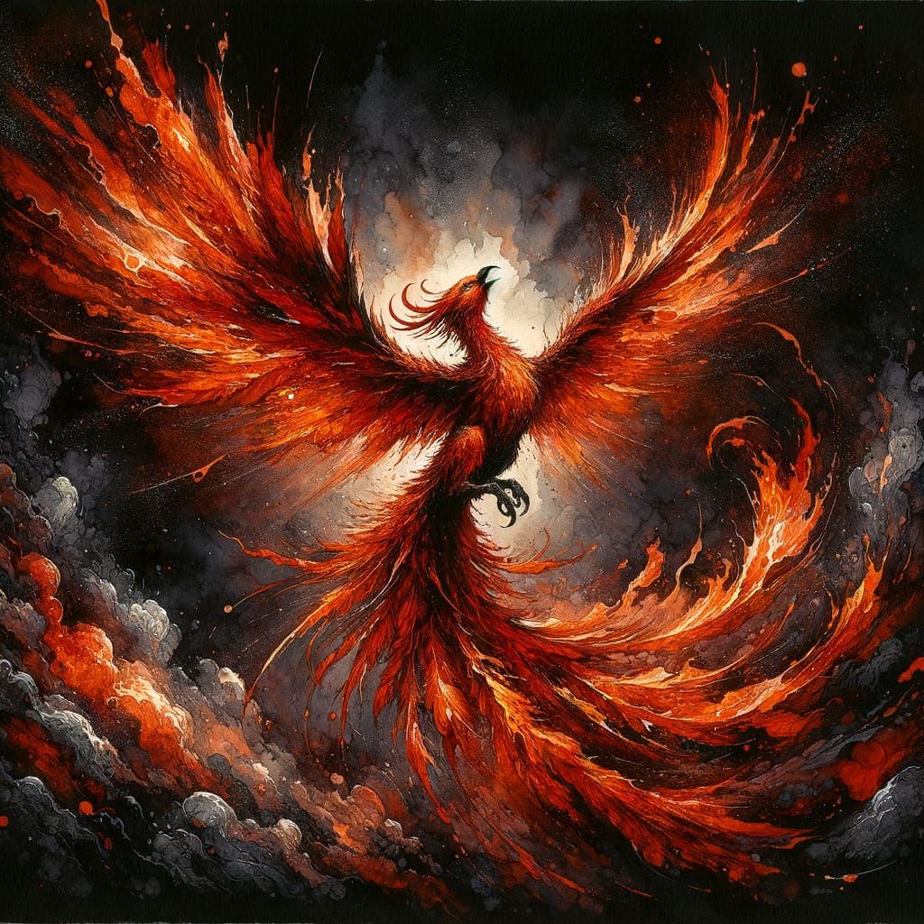 Fiery Phoenix Soaring in Dramatic Impressionistic Style