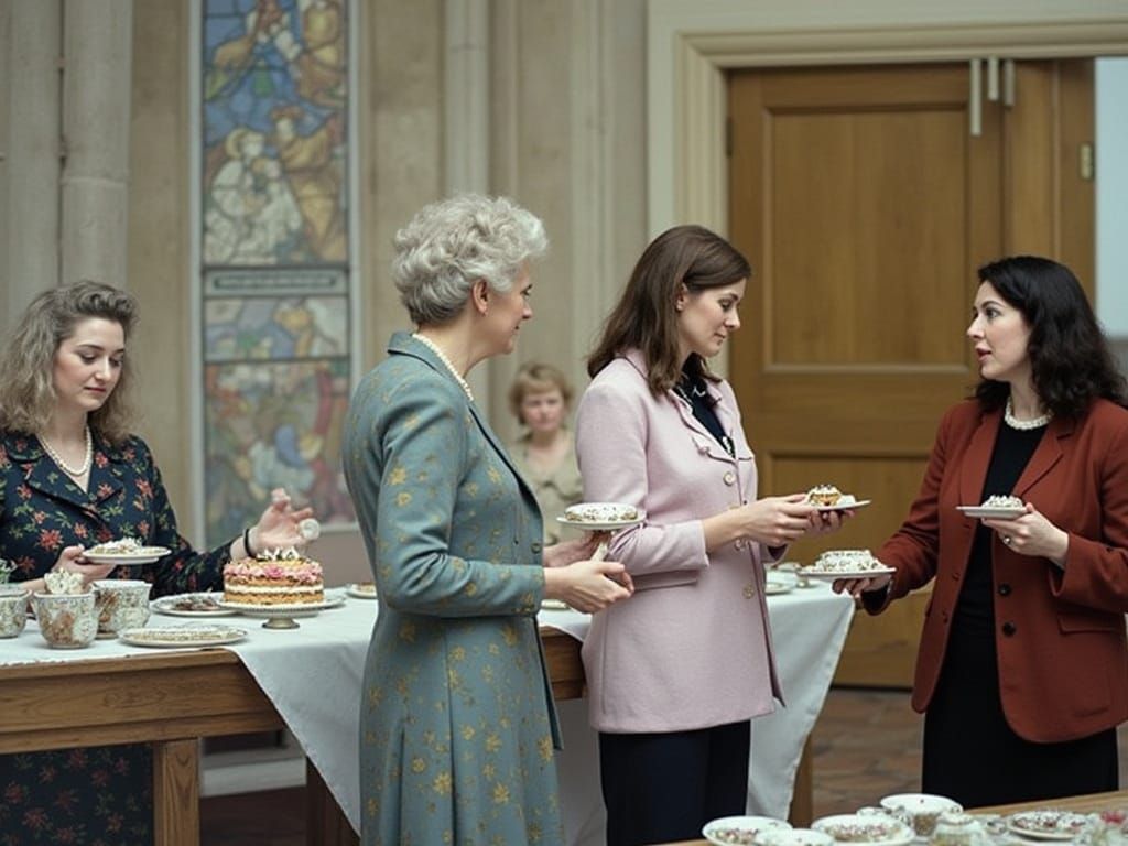 Warm Church Social Scene with Ladies Enjoying Cake and Tea