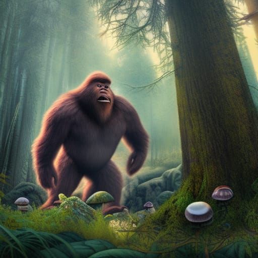 Detailed Bigfoot in Forest, Matte Painting Style
