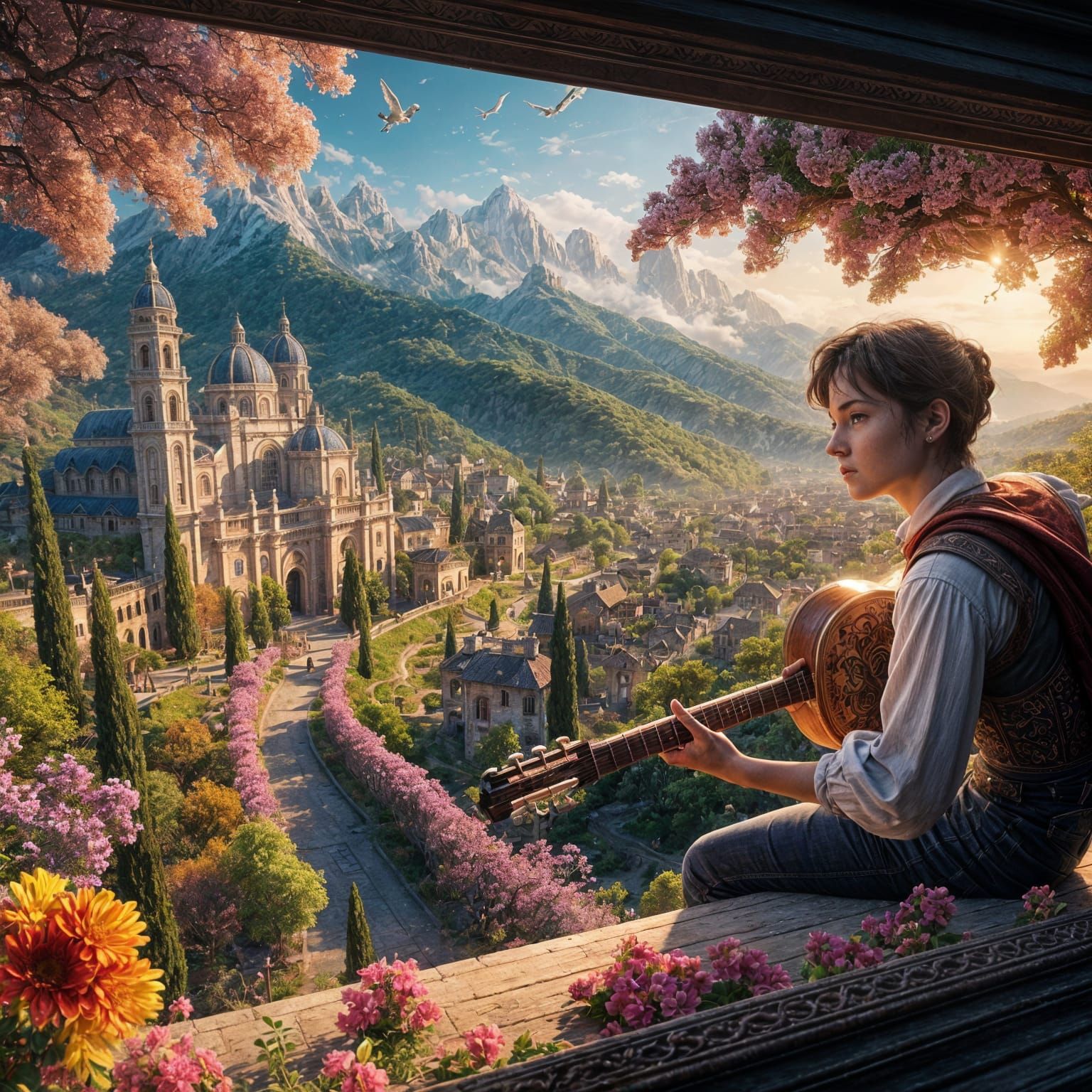 Hispanic Man Plays Guitar on Blooming Balcony in 3D Animatio...