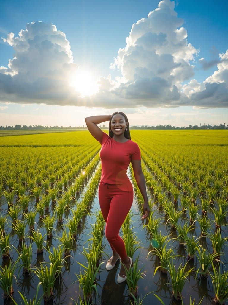 Black Woman in Red Sweatsuit in Rice Paddy