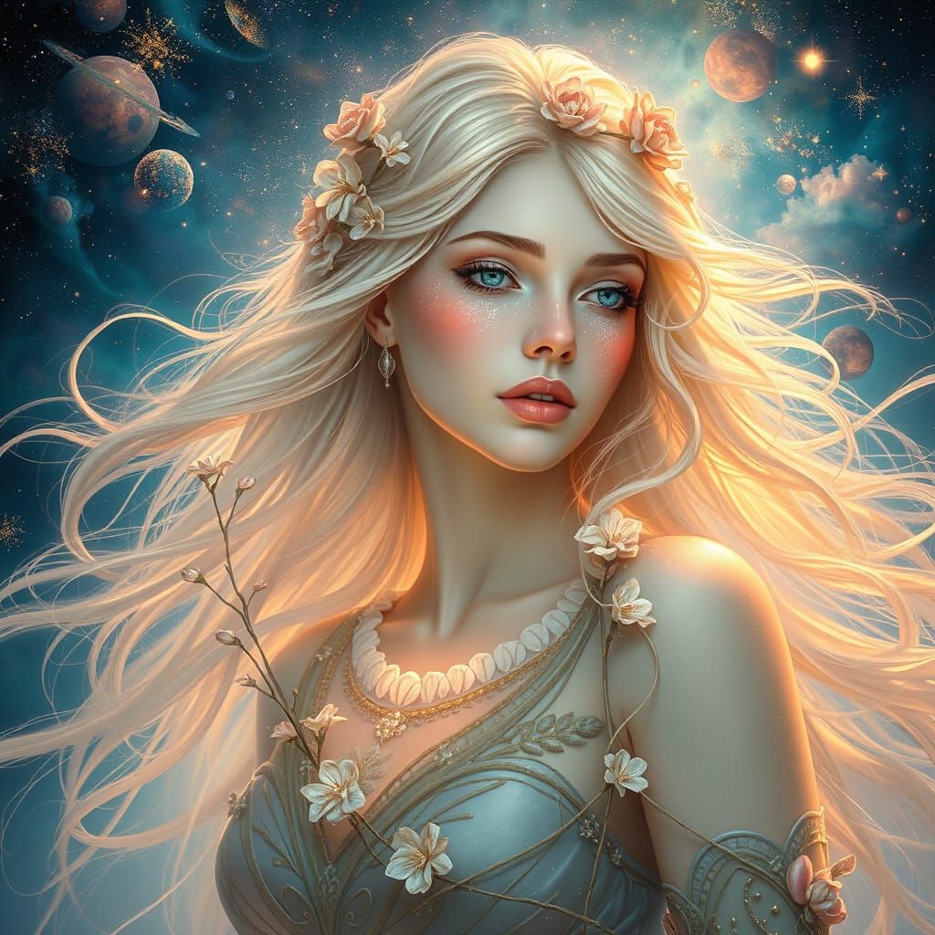 Ethereal Goddess with Iridescent Hair and Stardust