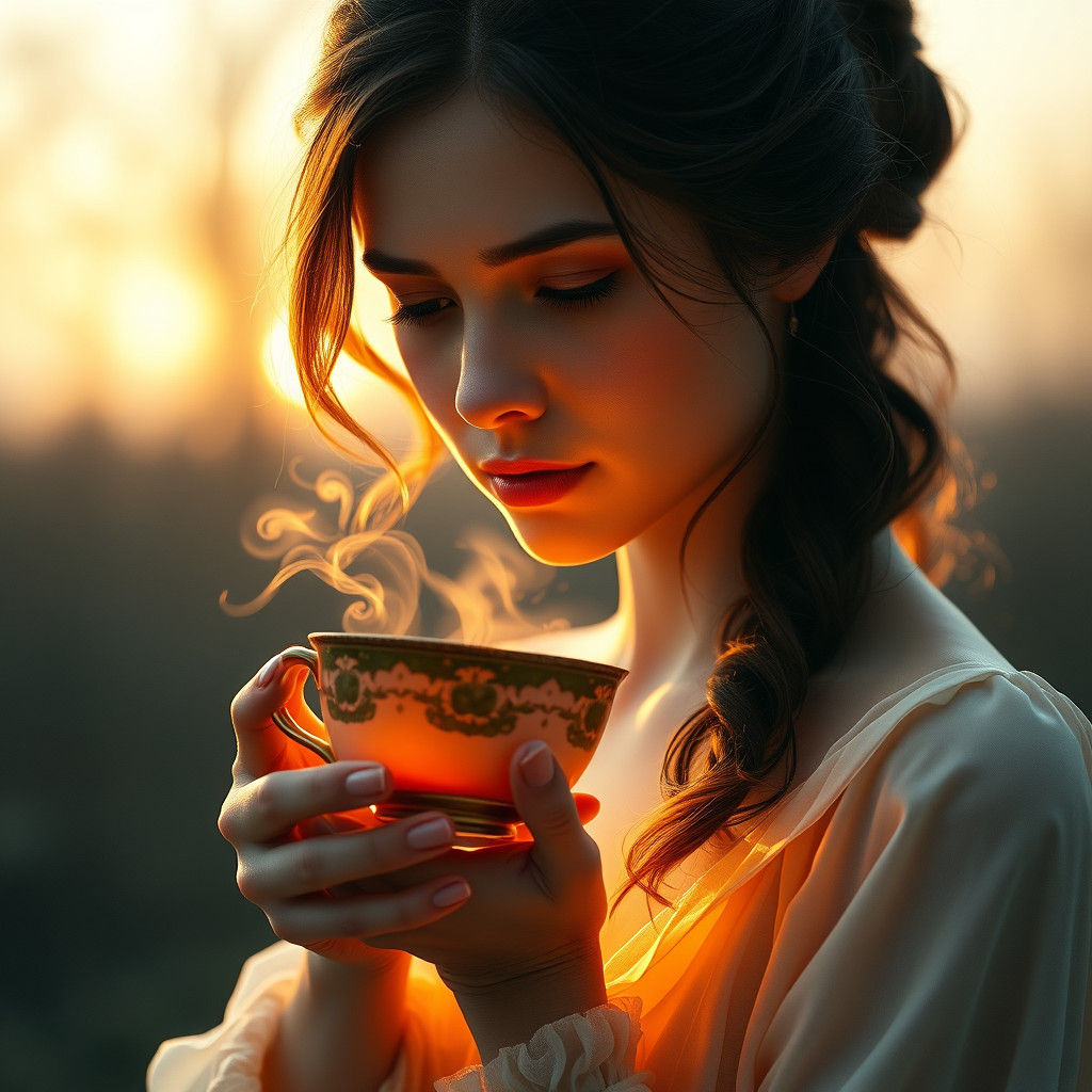 Woman with Tea: Dreamlike Fantasy Concept Art