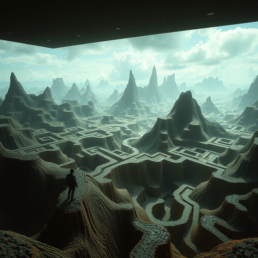 Surreal Figure Navigates Warped Gallery Landscape