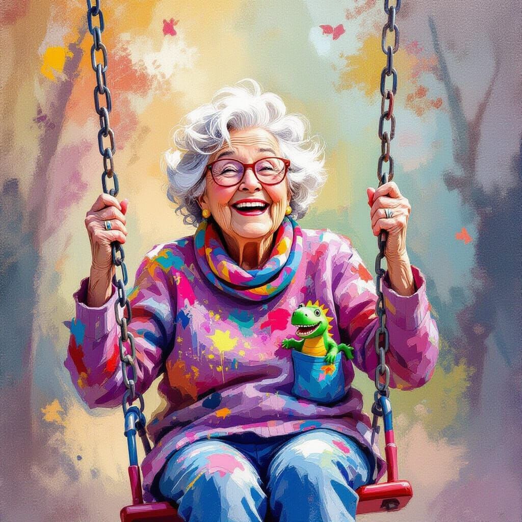 Joyful Elder Woman on a Swing Set
