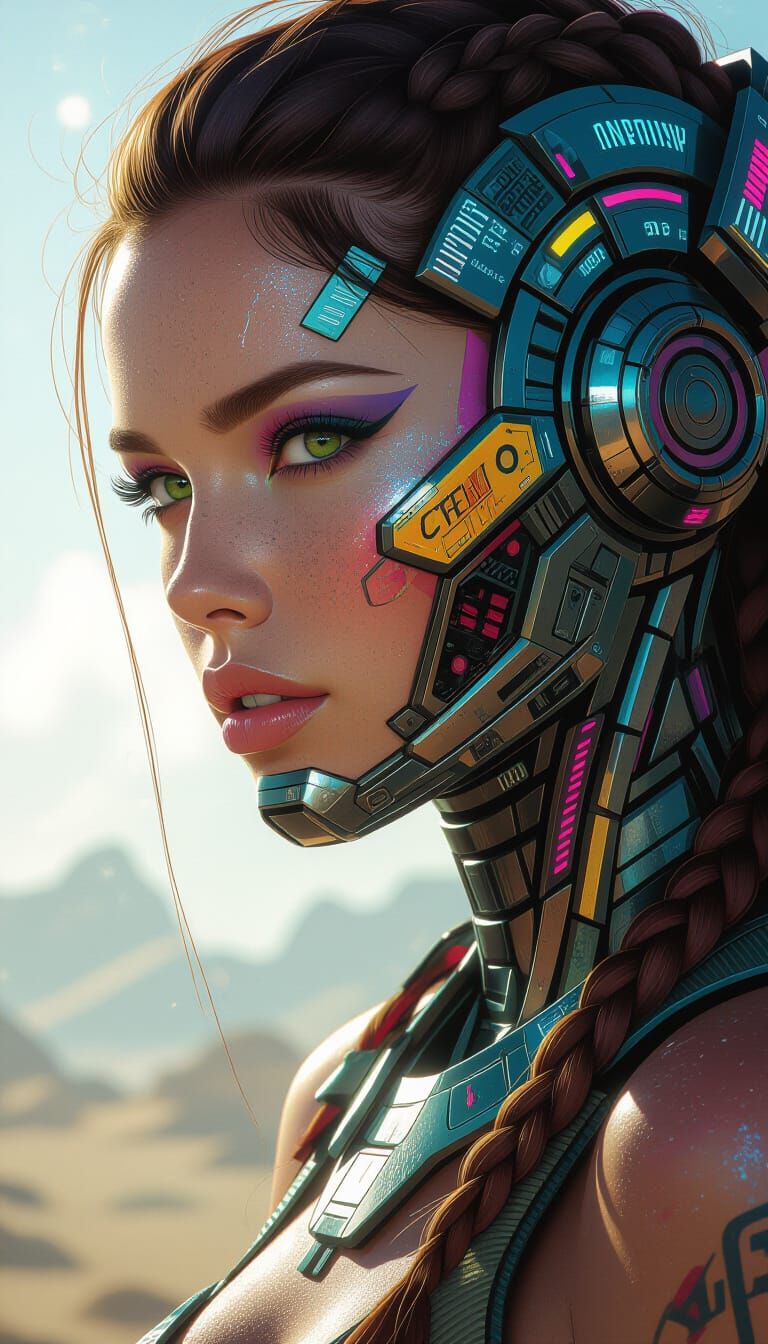 Futuristic Woman Between Cyberpunk and Prehistoric Worlds