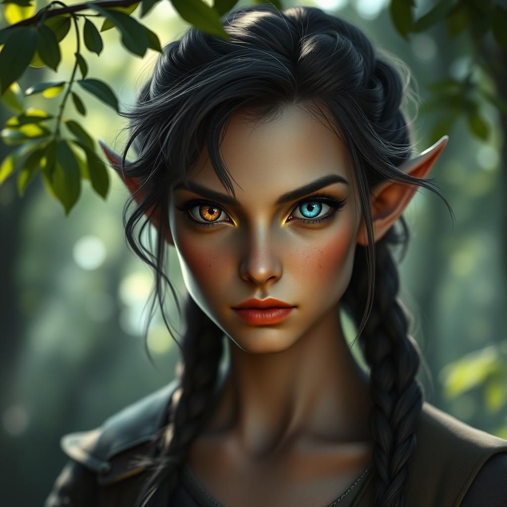 Beautiful Elf Ranger with Heterochromia in Forest