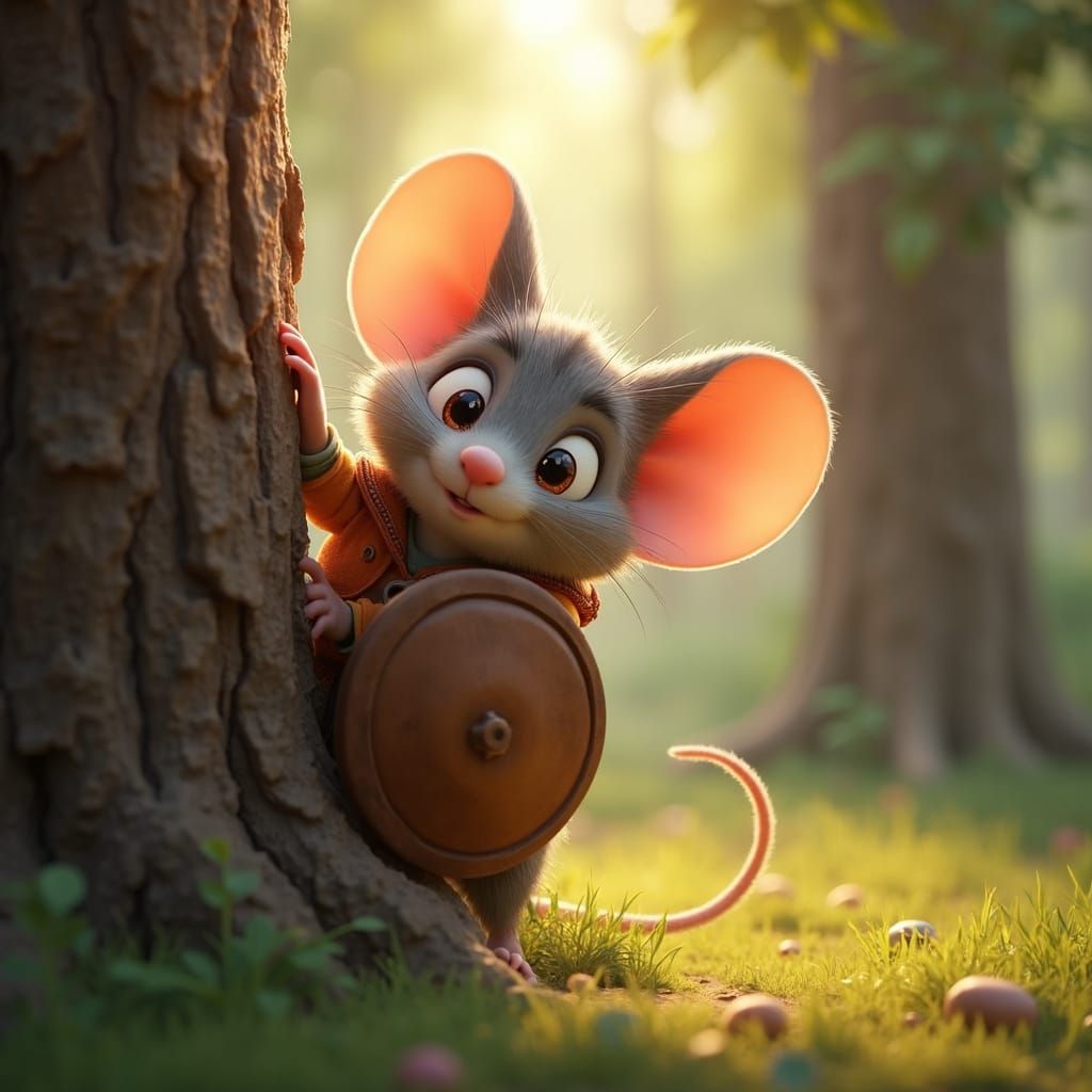 Adventurous Mouse Hiding in Woods, Pixar-Inspired Art