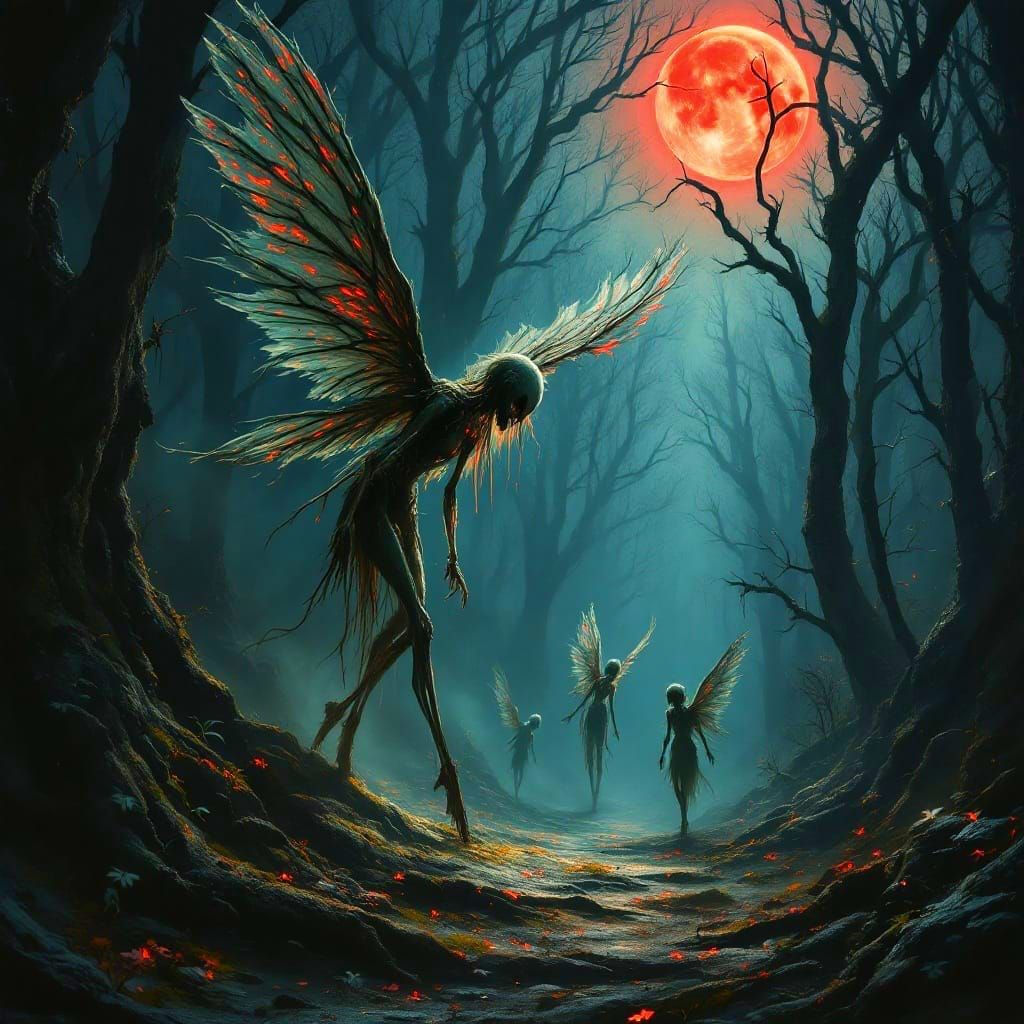 Dark Fantasy Winged Corpses Stir in Ancient Forest