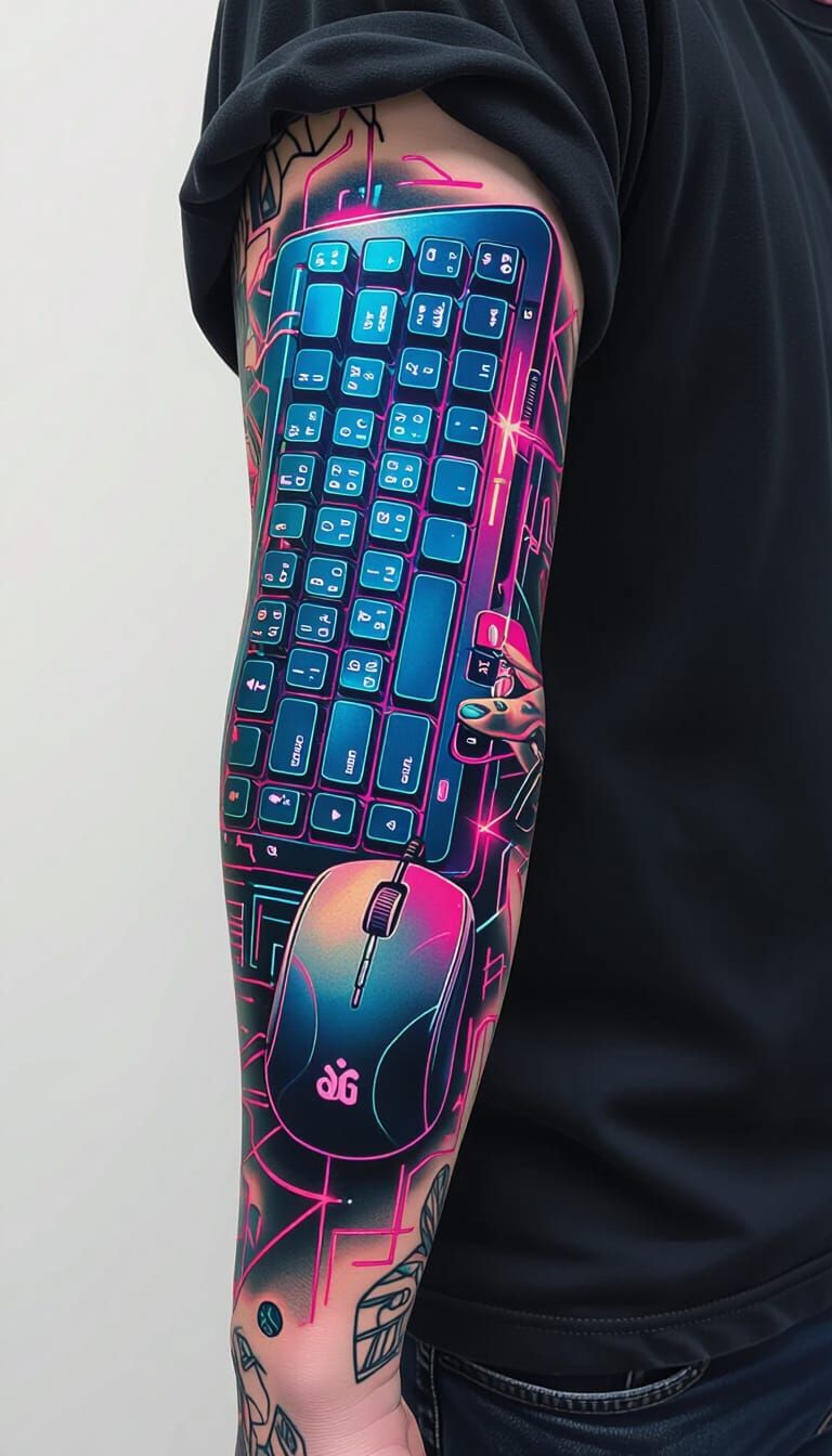Neon Keyboard Tattoo in Digital Painting Style