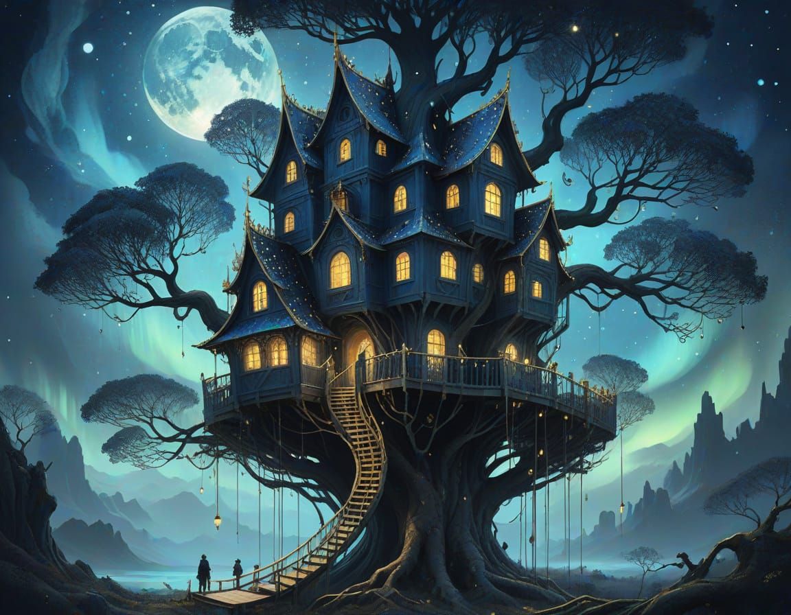 Midnight Starlight Treehouse Under the Aurora Borealis