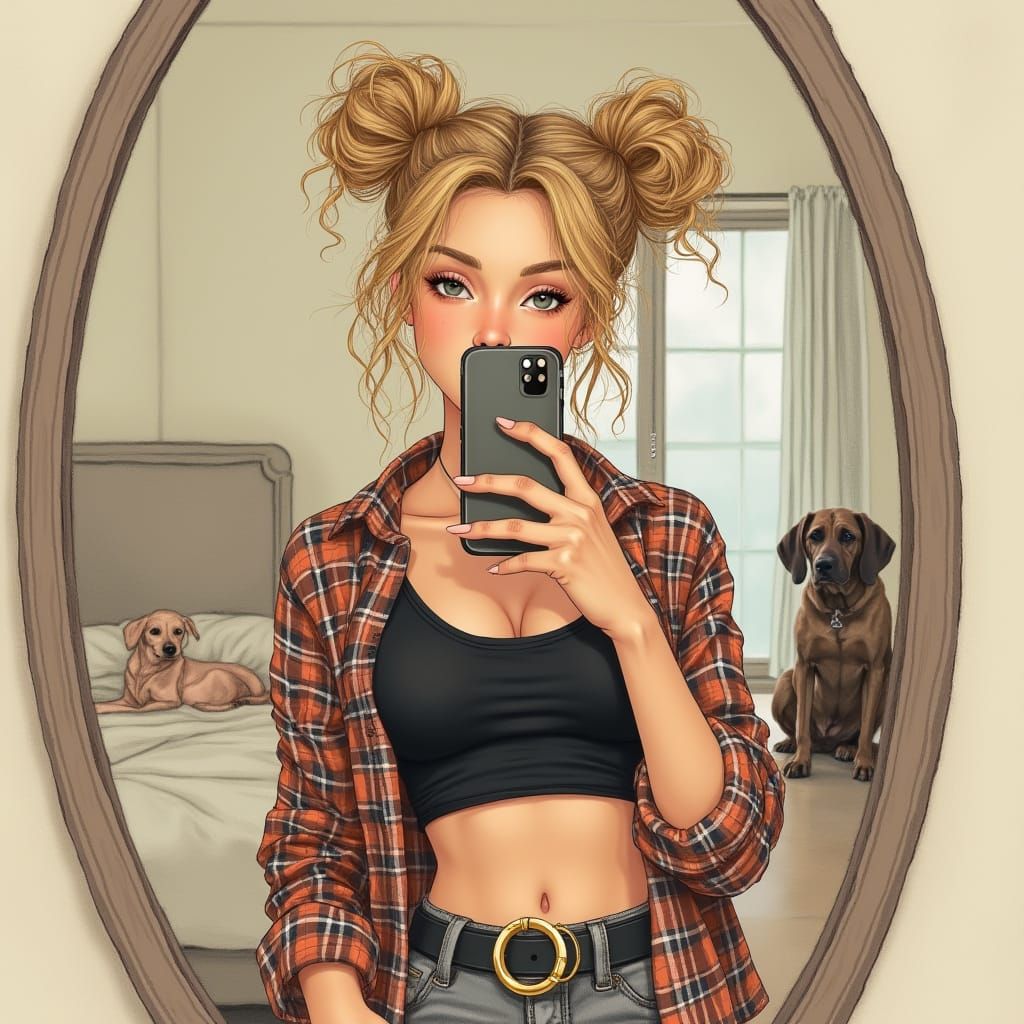 Serene Bedroom Selfie in Realistic Pencil Sketch Style